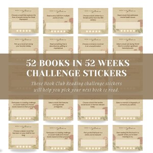 May include: A set of 12 printable book club reading challenge stickers with a vintage aesthetic. Each sticker features a different challenge, such as "Read a story told from multiple points of view" or "Choose a book that tackles social issues or themes relevant today".