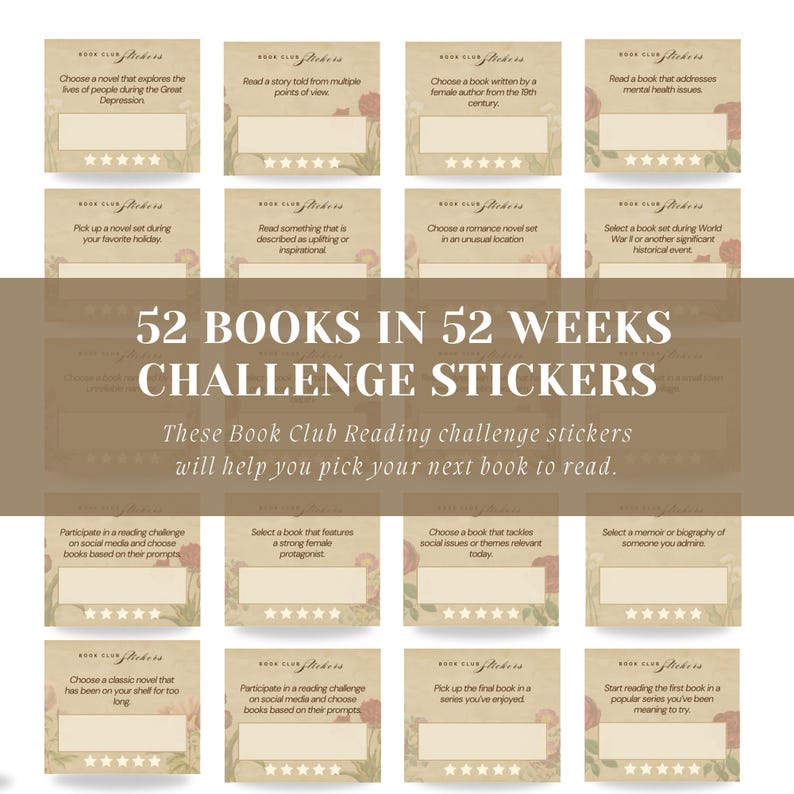 May include: A set of 12 printable book club reading challenge stickers with a vintage aesthetic. Each sticker features a different challenge, such as "Read a story told from multiple points of view" or "Choose a book that tackles social issues or themes relevant today".