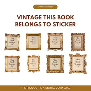 Puede incluir: Ocho pegatinas vintage doradas con el texto "Este libro pertenece a:" impreso en un fondo beige. Las pegatinas son perfectas para etiquetar libros.