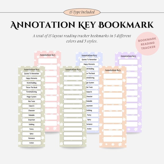 Pastel Annotation Key Bookmarks: Reading Tracker, Bookish Gift (PDF/PNG)