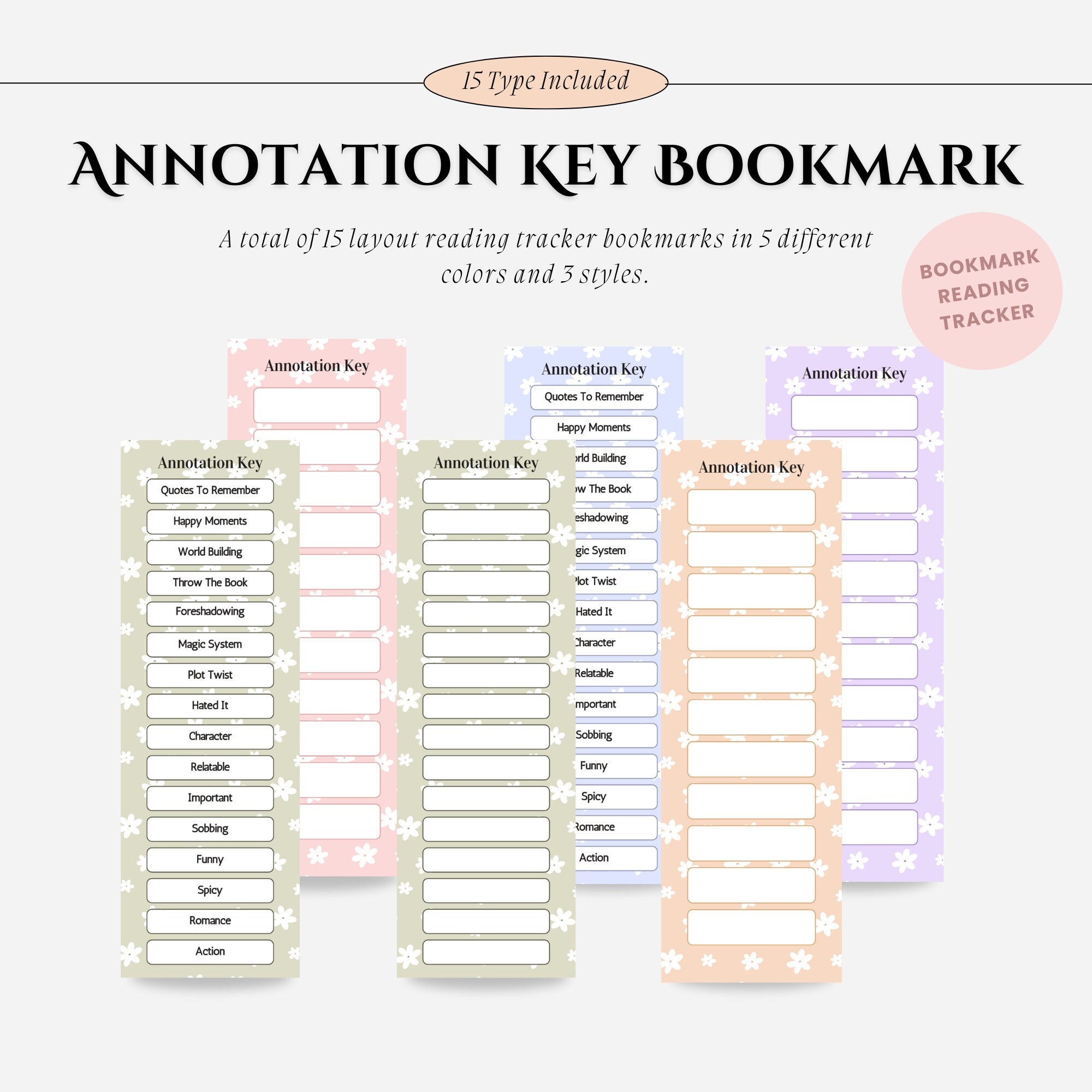 Pastel Annotation Key Bookmarks: Reading Tracker, Bookish Gift (PDF/PNG)