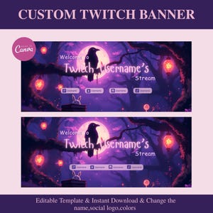 May include: A custom Twitch banner template with a purple and pink color scheme. The design features a raven perched on a tree branch in front of a full moon, with the text "Welcome to Twitch Username's Stream". Includes social media icons.