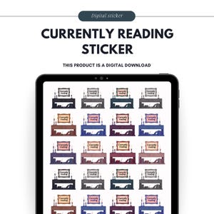Puede incluir: Una hoja de pegatinas digitales con 16 diseños diferentes de una estantería con un cartel que dice "Currently Reading". La estantería tiene dos velas y una pila de libros. Los diseños son de diferentes colores, incluyendo negro, gris, azul, rojo y rosa.