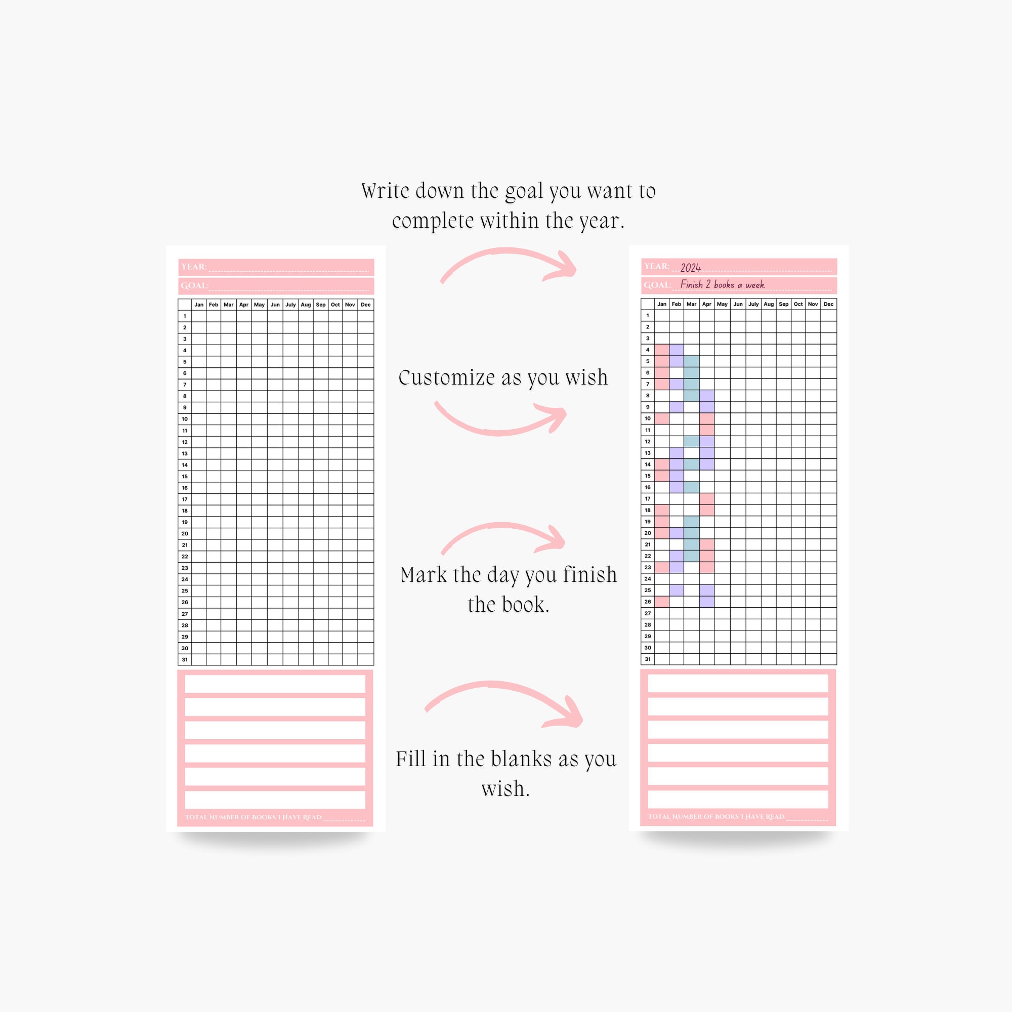 Printable Yearly Reading Tracker Bookmark: Pink Bookshelf Design (PDF ...