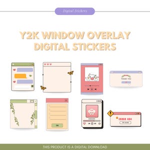 May include: A collection of Y2K window overlay digital stickers. The stickers include various designs such as chat bubbles, music players, and error messages. The color palette includes pastel pink, green, and beige.
