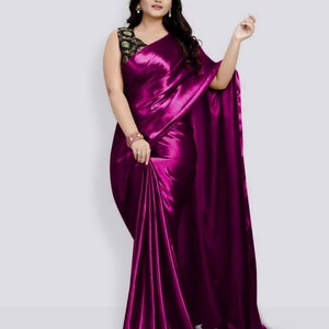Solid/Plain Bollywood Satin, Pure Silk Saree, Satin Saree, Silk Saree, Casual, Party & Festive, Wedding, Wedding Festive, Bollywood Saree Purple