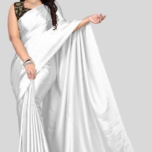 Solid/Plain Bollywood Satin, Pure Silk Saree, Satin Saree, Silk Saree, Casual, Party & Festive, Wedding, Wedding Festive, Bollywood Saree White