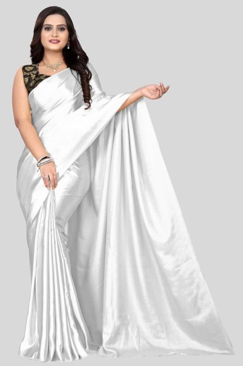 Solid/Plain Bollywood Satin, Pure Silk Saree, Satin Saree, Silk Saree, Casual, Party & Festive, Wedding, Wedding Festive, Bollywood Saree White