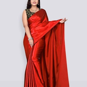 Solid/Plain Bollywood Satin, Pure Silk Saree, Satin Saree, Silk Saree, Casual, Party & Festive, Wedding, Wedding Festive, Bollywood Saree Red