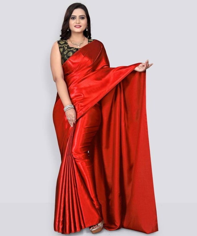 Solid/Plain Bollywood Satin, Pure Silk Saree, Satin Saree, Silk Saree, Casual, Party & Festive, Wedding, Wedding Festive, Bollywood Saree Red