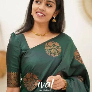 Kanjivaram Soft Silk Saree & Blouse Piece, Wedding Wear Saree, Trending Saree, Kanjivaram Silk Saree, Jacquard Woven Stylish Sari,Zari Woven Green1