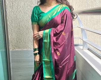 Kanjivaram Soft Lichi Silk Saree & Blouse Piece, Saree USA Women, Wedding Wear Saree, Trending Saree, Saree Blouse, Kanjivaram Silk Saree