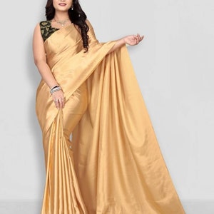 Solid/Plain Bollywood Satin, Pure Silk Saree, Satin Saree, Silk Saree, Casual, Party & Festive, Wedding, Wedding Festive, Bollywood Saree Gold