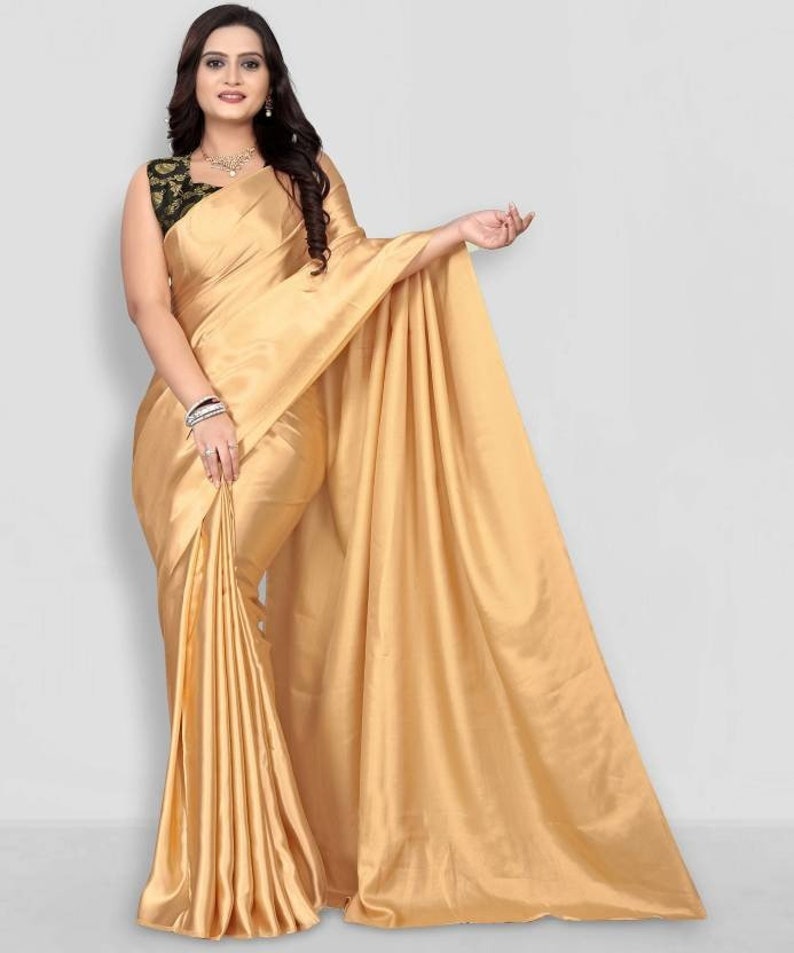 Solid/Plain Bollywood Satin, Pure Silk Saree, Satin Saree, Silk Saree, Casual, Party & Festive, Wedding, Wedding Festive, Bollywood Saree Gold