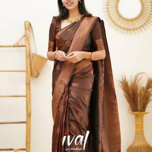 Kanjivaram Soft Silk Saree & Blouse Piece, Wedding Wear Saree, Trending Saree, Kanjivaram Silk Saree, Jacquard Woven Stylish Sari,Zari Woven Marron