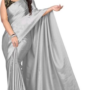 Solid/Plain Bollywood Satin, Pure Silk Saree, Satin Saree, Silk Saree, Casual, Party & Festive, Wedding, Wedding Festive, Bollywood Saree Gray