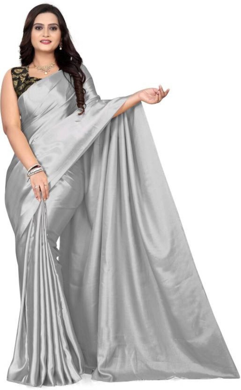 Solid/Plain Bollywood Satin, Pure Silk Saree, Satin Saree, Silk Saree, Casual, Party & Festive, Wedding, Wedding Festive, Bollywood Saree Gray