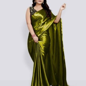 Solid/Plain Bollywood Satin, Pure Silk Saree, Satin Saree, Silk Saree, Casual, Party & Festive, Wedding, Wedding Festive, Bollywood Saree Green