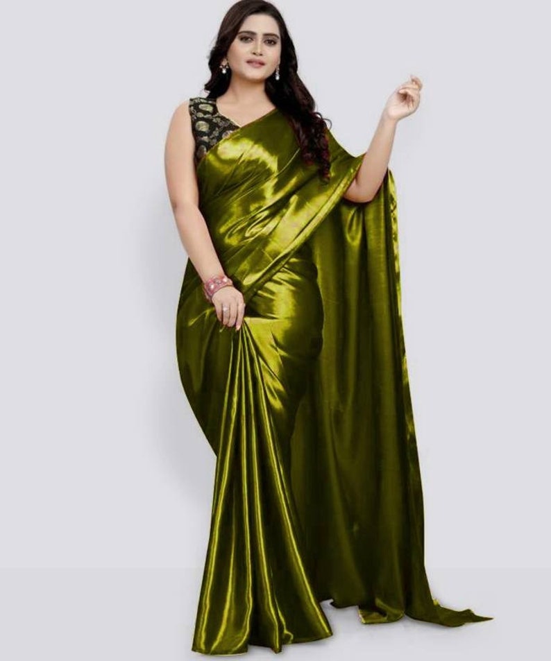 Solid/Plain Bollywood Satin, Pure Silk Saree, Satin Saree, Silk Saree, Casual, Party & Festive, Wedding, Wedding Festive, Bollywood Saree Green