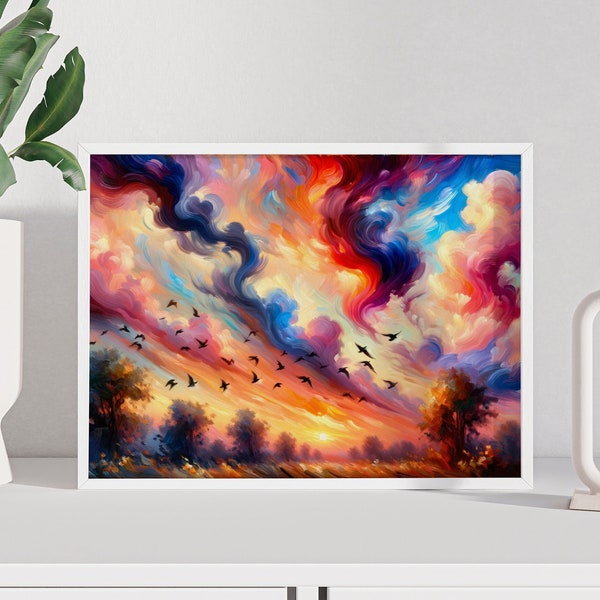 Whimsical Twilight Reverie - Van Gogh Style Swirling Sky and Silhouetted Nature Framed Poster