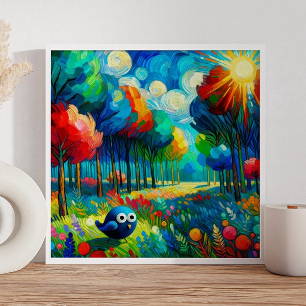 Luminous Forest Frolic: Van Gogh-Inspired Vivacious Trees and Curious Blue Critter, High-Quality Unframed Poster Art