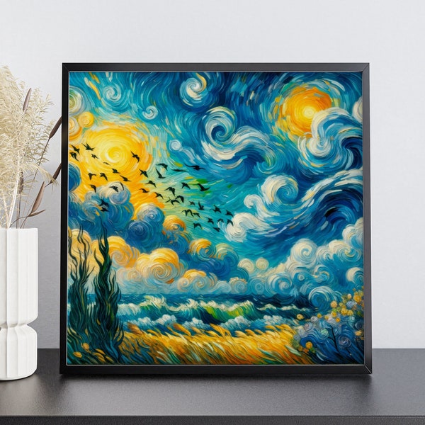 Sunny Swirls & Serene Swallows: Vibrant Van Gogh-Inspired Country Field Art Poster