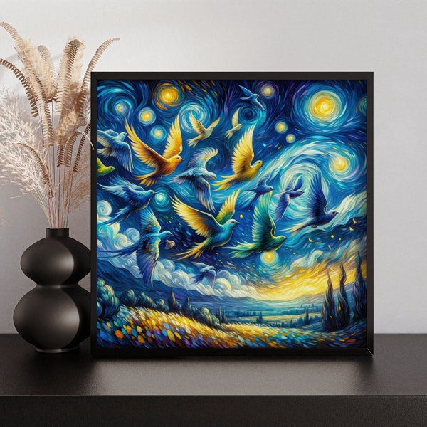 Van Gogh-Inspired Starry Night Poster & Canvas: Soaring Birds in Swirling Skies, Vivid Art Print, Bird Lover Gift, Gift ideas