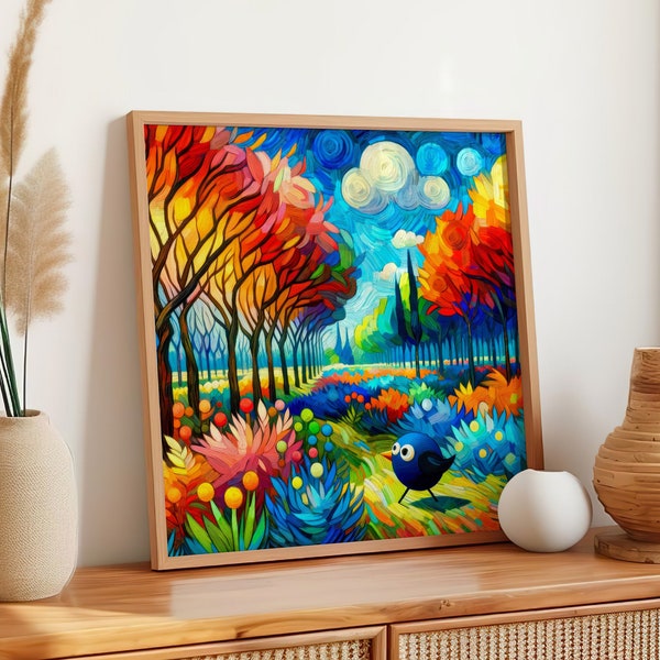 Vivid Fantasia Grove: Van Gogh-Inspired Kaleidoscopic Trees and Quirky Blue Bird, Decorative Unframed Poster Art