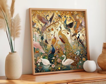 Art Nouveau Peacock & Floral Canvas Art - Gold Accent Wall Decor, Peacock Poster with Hanging Kit - Unique Art Gift for Bird Lovers