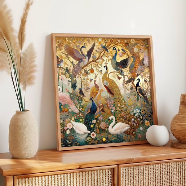 Art Nouveau Peacock & Floral Canvas Art - Gold Accent Wall Decor, Peacock Poster with Hanging Kit - Unique Art Gift for Bird Lovers