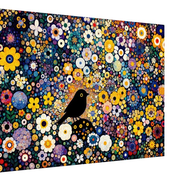 Evening's Floral Ode: A Klimt-Like Painting Capturing a Raven in the Midst of Blossoming Beauty