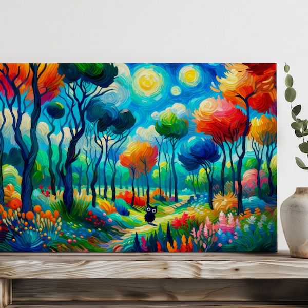 Enchanted Forest Whirl: Colorful Trees and Playful Owl, Canvas Wall Art for Modern Home Décor