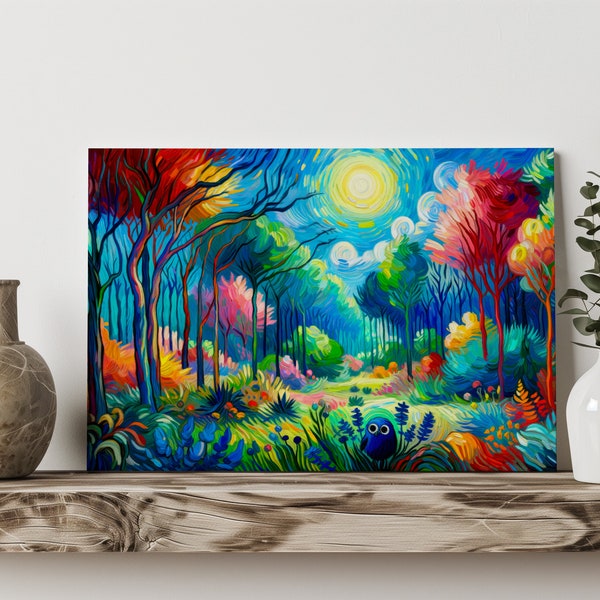 Whimsical Woodland Wonder: Playful Blue Owl in a Vivid, Colorful Enchanted Forest, Artistic Canvas Print