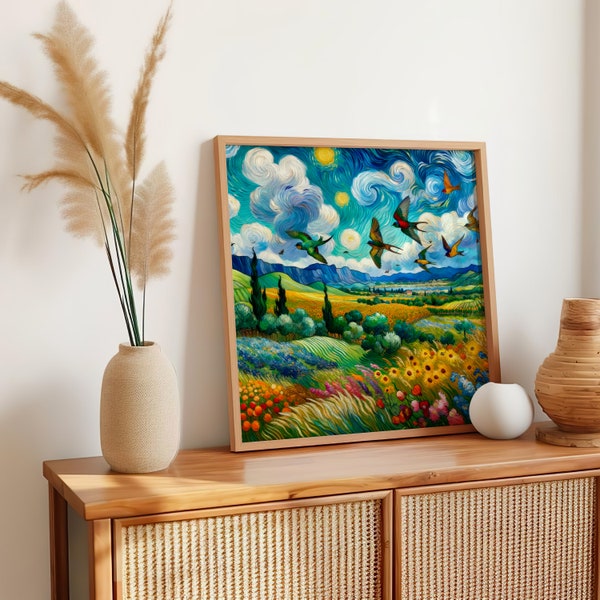 Vibrant Van Gogh Style Landscape Poster and Canvas with Hummingbirds, Floral Fields, and Swirling Skies, Artistic Home Decor