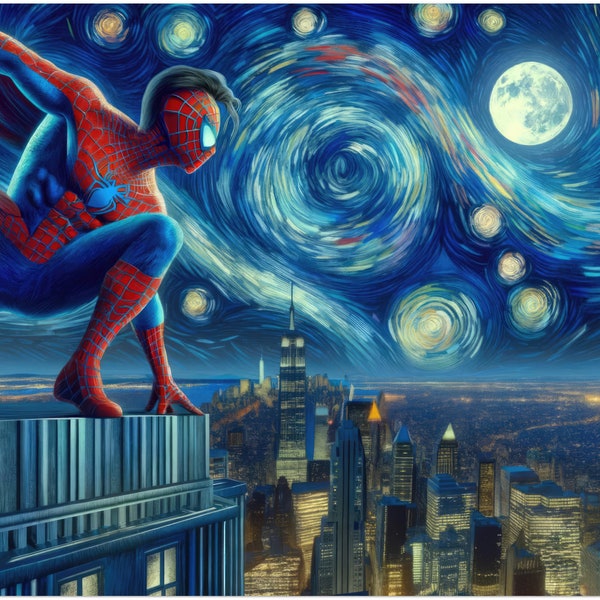 Spiderman Tribute Poster - Cosmic Protector Above the City, Van Gogh Starry Night Sky, Superhero Wall Art, Collector's Edition