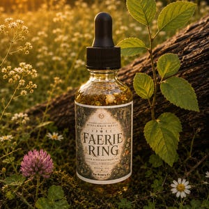May include: A glass bottle with a black dropper top, filled with a golden liquid and botanical elements. The label reads "FAERIE RING" with the words "Luck & Enchantment Oil". The bottle is surrounded by greenery, flowers, and a log.