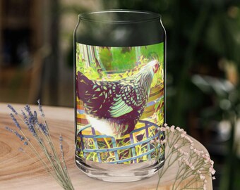 Silver Laced Wyandotte in Garden Watercolor Glass Can