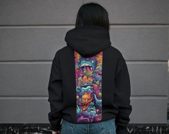 Colorful Monster Hoodie, Whimsical Horned Creature Art