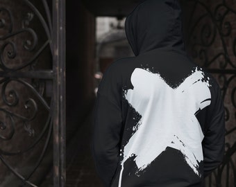 Unisex Black Hoodie - Vintage White Cross Design, Street Fashion
