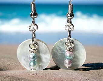 Aqua mother of pearl shell dangle earrings