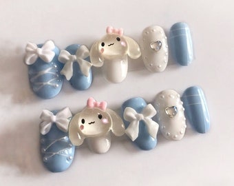 Cinnamo roll Blue Press On Nails Art Round Bow Puppy Y2K Anime Lace Dopamine Kawaii Ribbon Heart Summer stickon Kitty Party wedding cute