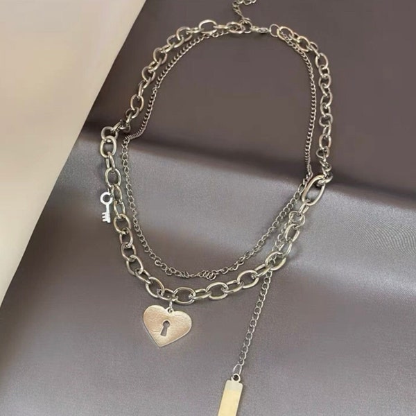 Y2K Thick Silver Heart Chain Necklace Locket Love Layer Coquette Minimal Dainty Chunky Grunge Gothic Cyber Choker Alt Cute Emo Indie Nana