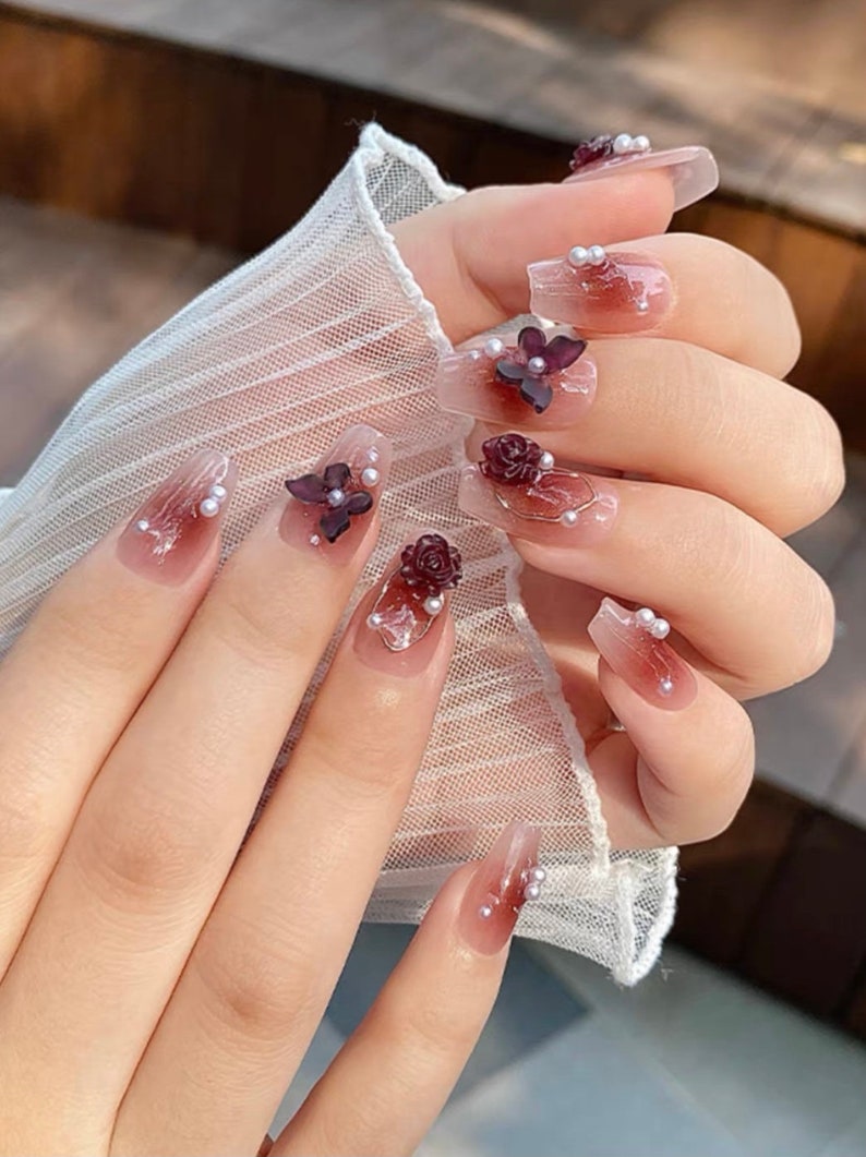 Burgundy Camellia Press On Nails Butterfly long coffin gothic red wine rose Y2K gold pearl Summer stickon FalseNail Party Bridal flower gift image 3