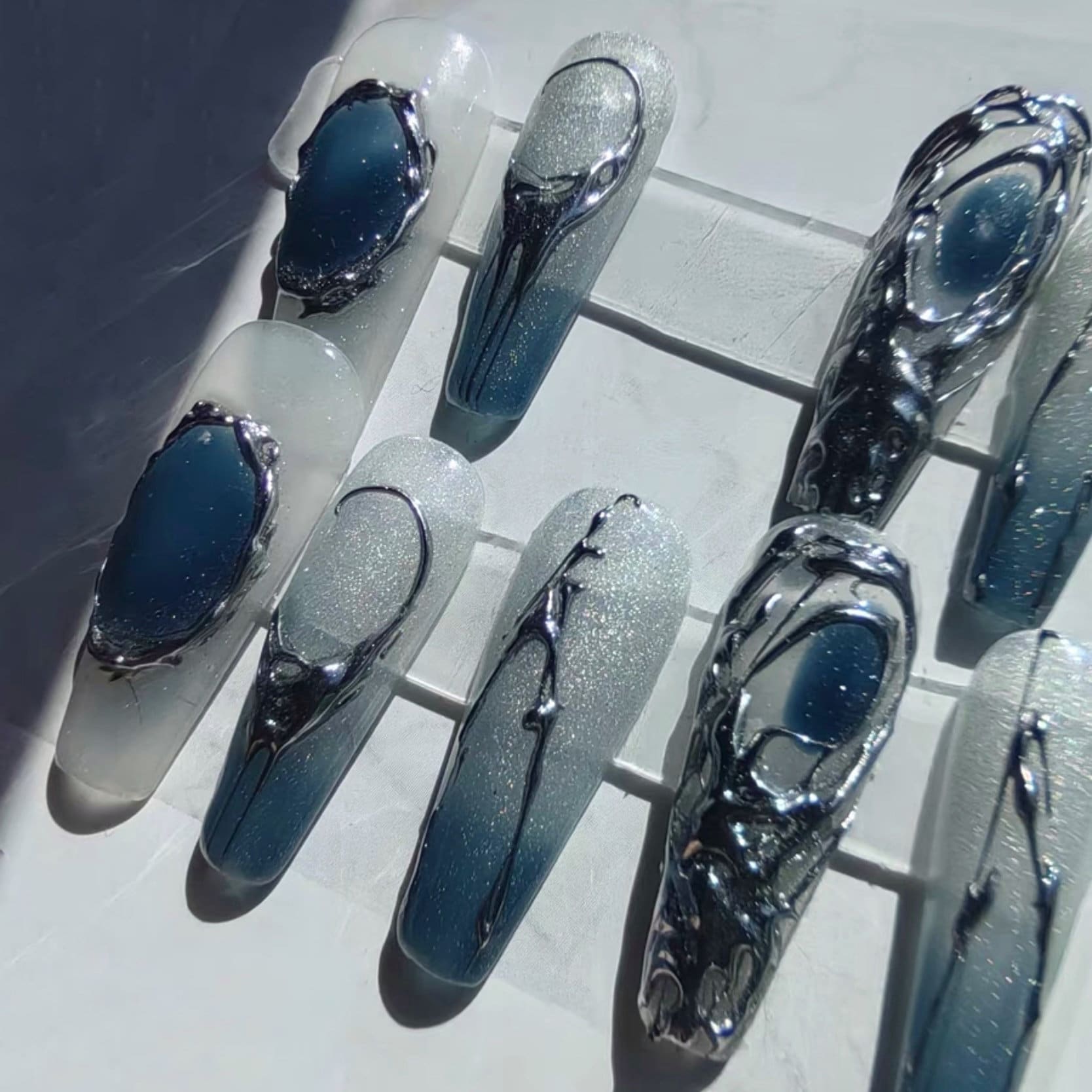 Silver Chrome Press on Nails Blue Melting Metal Coffin Long - Etsy