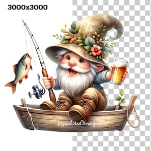 Fishing Gnome Clipart, Camping Gnomes, Whimsical Gnome Clipart , Kitchen Decor, Fishing Lover, Camping Clipart, Home Decor, Summer Clipart