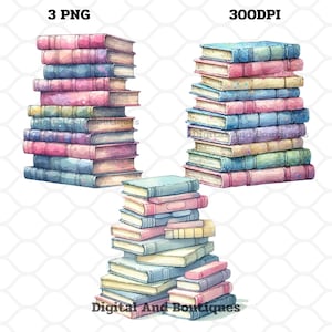 May include: Three stacks of watercolor painted books in shades of blue, pink, and green. The stacks are arranged in a triangle shape. The image includes the text "3 PNG" and "300DPI".