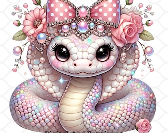 May include: A pink and white snake with a pink bow and a jeweled crown. The snake has large, black eyes and a pink nose. The snake is surrounded by pink flowers and leaves.