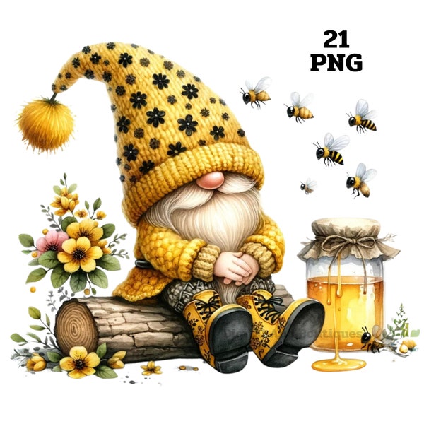 Bee Gnomes Clipart, Honey Bee Gnome Clipart, Honey bee Clipart, Gnome PNG, Garden Gnomes Clipart, Swing Gnomes, Gnomes PNG, Floral Gnomes,