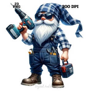 May include: A blue and white plaid gnome wearing sunglasses and overalls holds a drill and a toolbox. He has a white beard and a blue and white plaid hat.