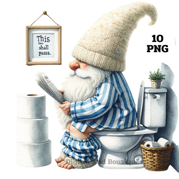 Toilet Gnome Clipart, Toilet Gnome Reading Clipart PNG, Crafts and Decor, Newspaper Gnome Clipart, Reading Gnome, Pajamas Gnome Clipart,
